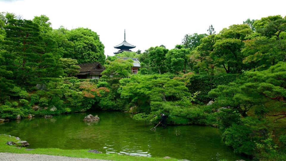 A traditional Japanese temple surrounded by lush greenery and a calm pond.