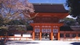 A traditional Japanese gate with a red and white color scheme, surrounded by trees and a clear blue sky.