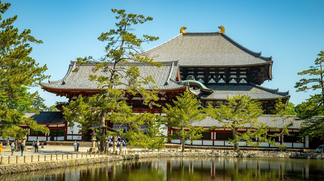 Todaiji Temple which includes a lake or waterhole, a temple or place of worship and heritage elements