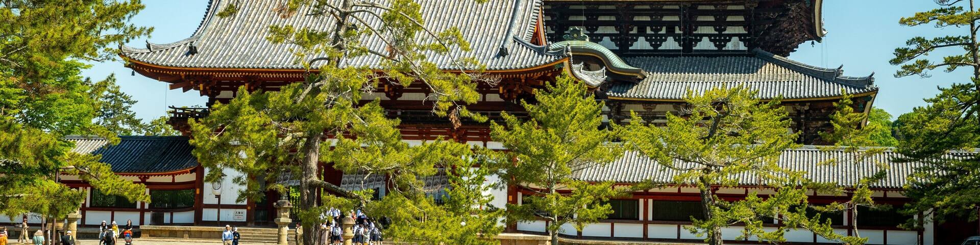 Todaiji Temple which includes a lake or waterhole, a temple or place of worship and heritage elements