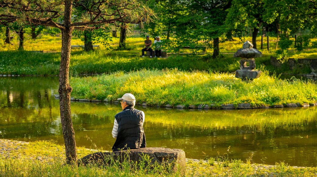 Sumiyoshi Park featuring a garden and a pond as well as an individual male