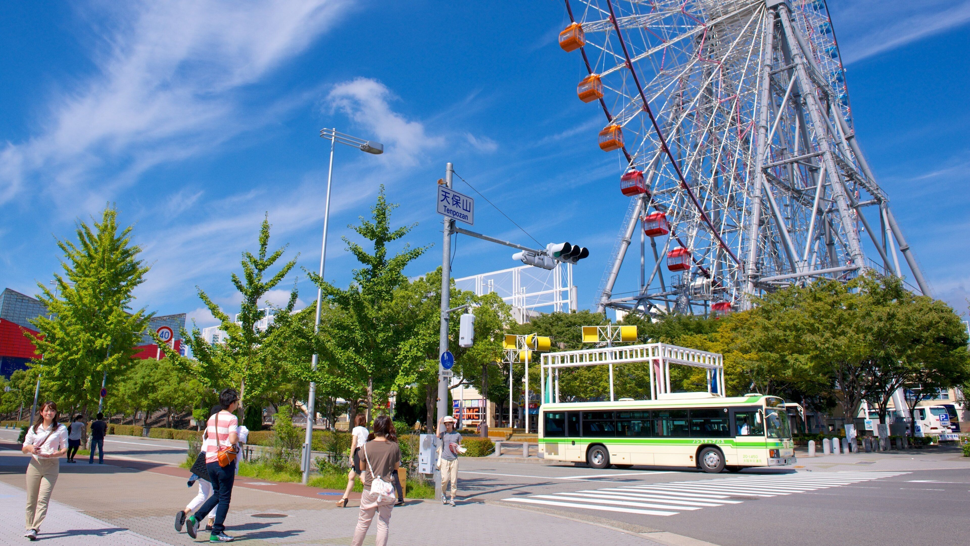 Tempozan Harbor Village Ferris Wheel which includes a city as well as a large group of people