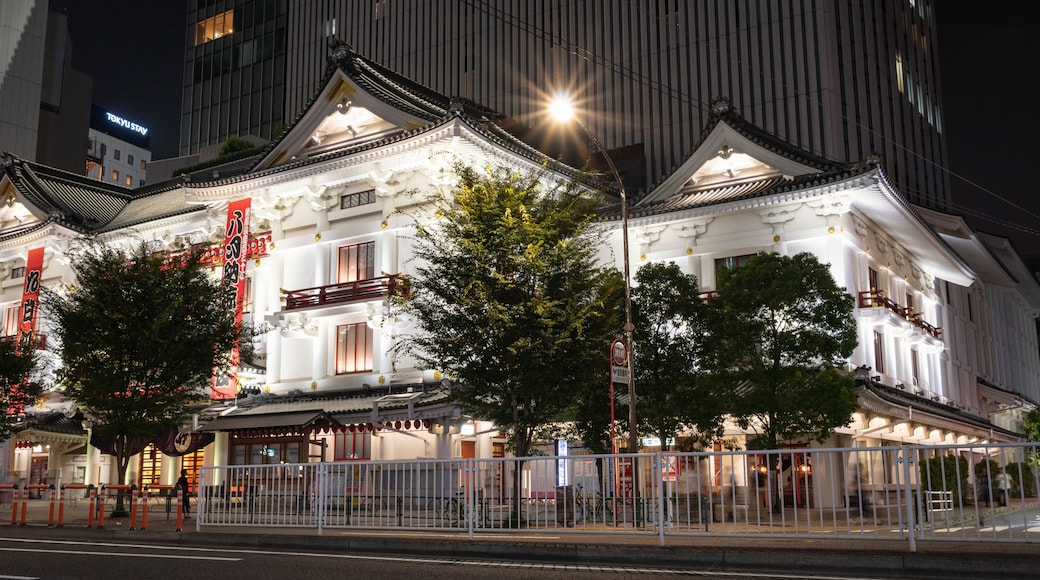 Kabuki-za Theatre which includes night scenes, a city and heritage elements