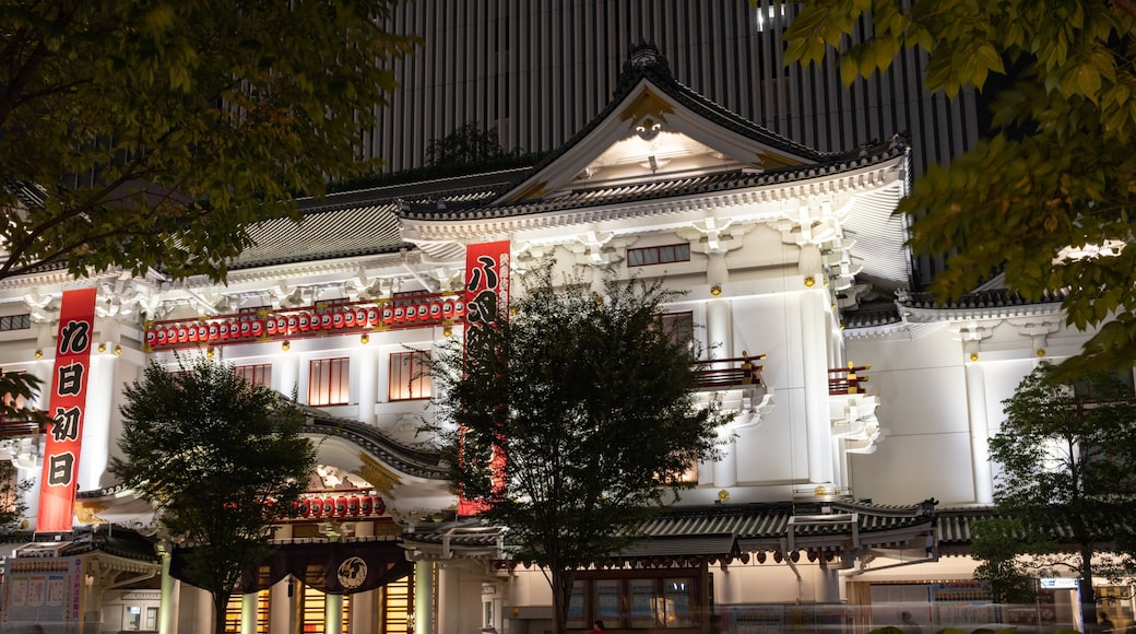 Kabuki-za Theatre featuring heritage elements and night scenes