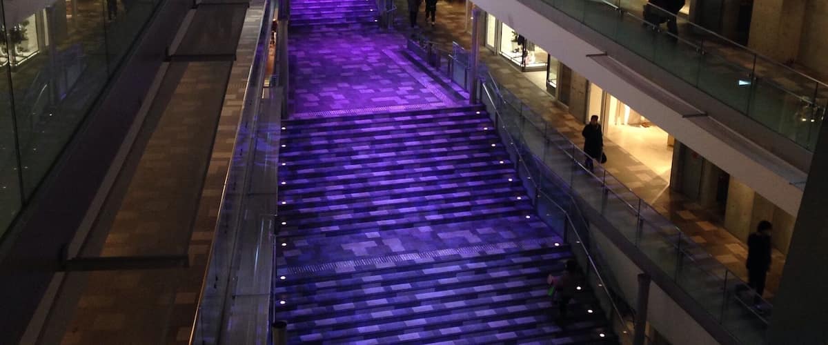 Tadao Ando designed this mall featuring a staircase at the center and ramp surrounding the walkways.