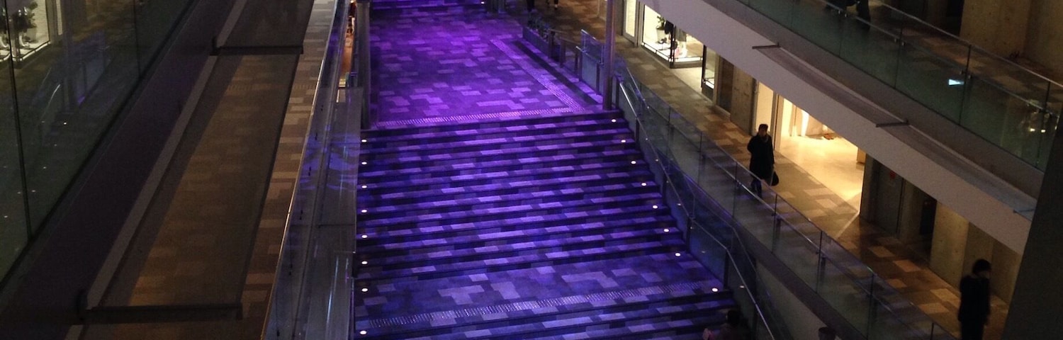 Tadao Ando designed this mall featuring a staircase at the center and ramp surrounding the walkways.