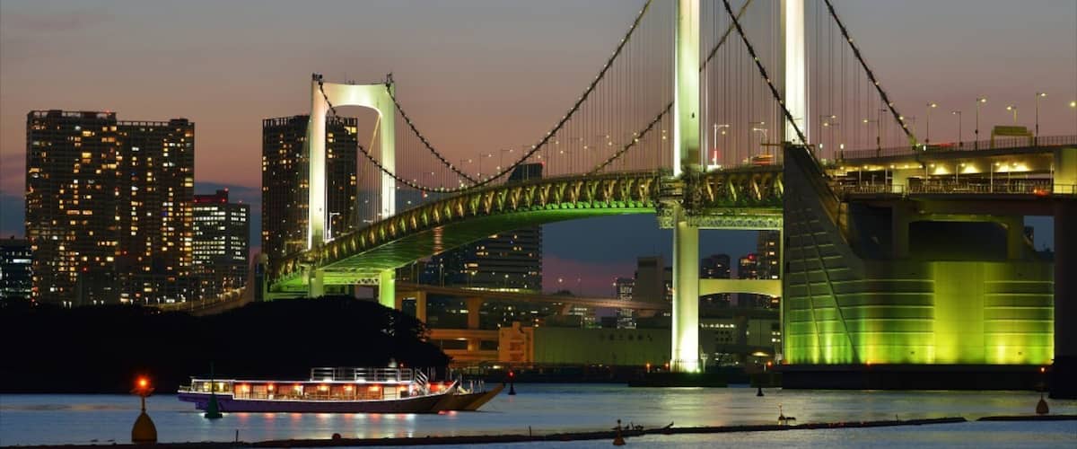 Puente del Arco Iris mostrando un puente, escenas nocturnas y vistas generales de la costa