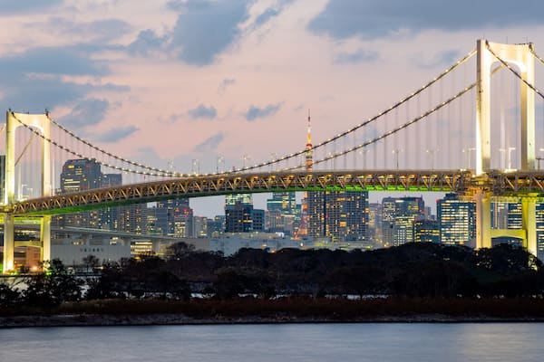 A suspension bridge with a city skyline in the background.