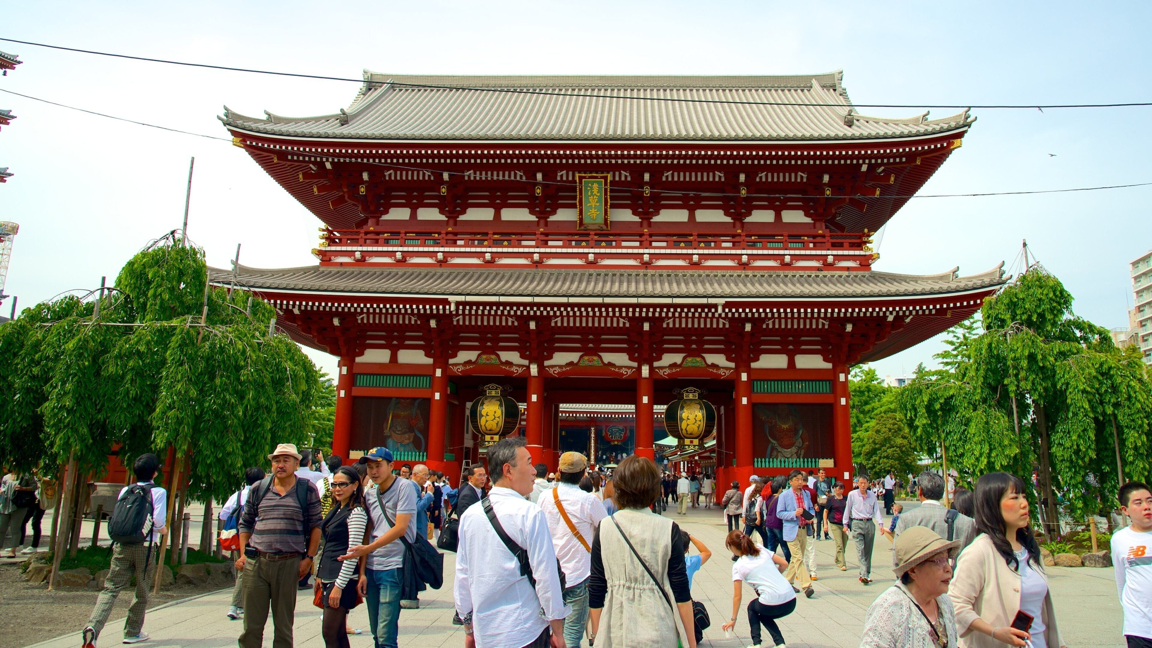 Sensoji-templet presenterar en stad, gatuliv och ett tempel eller plats för dyrkan