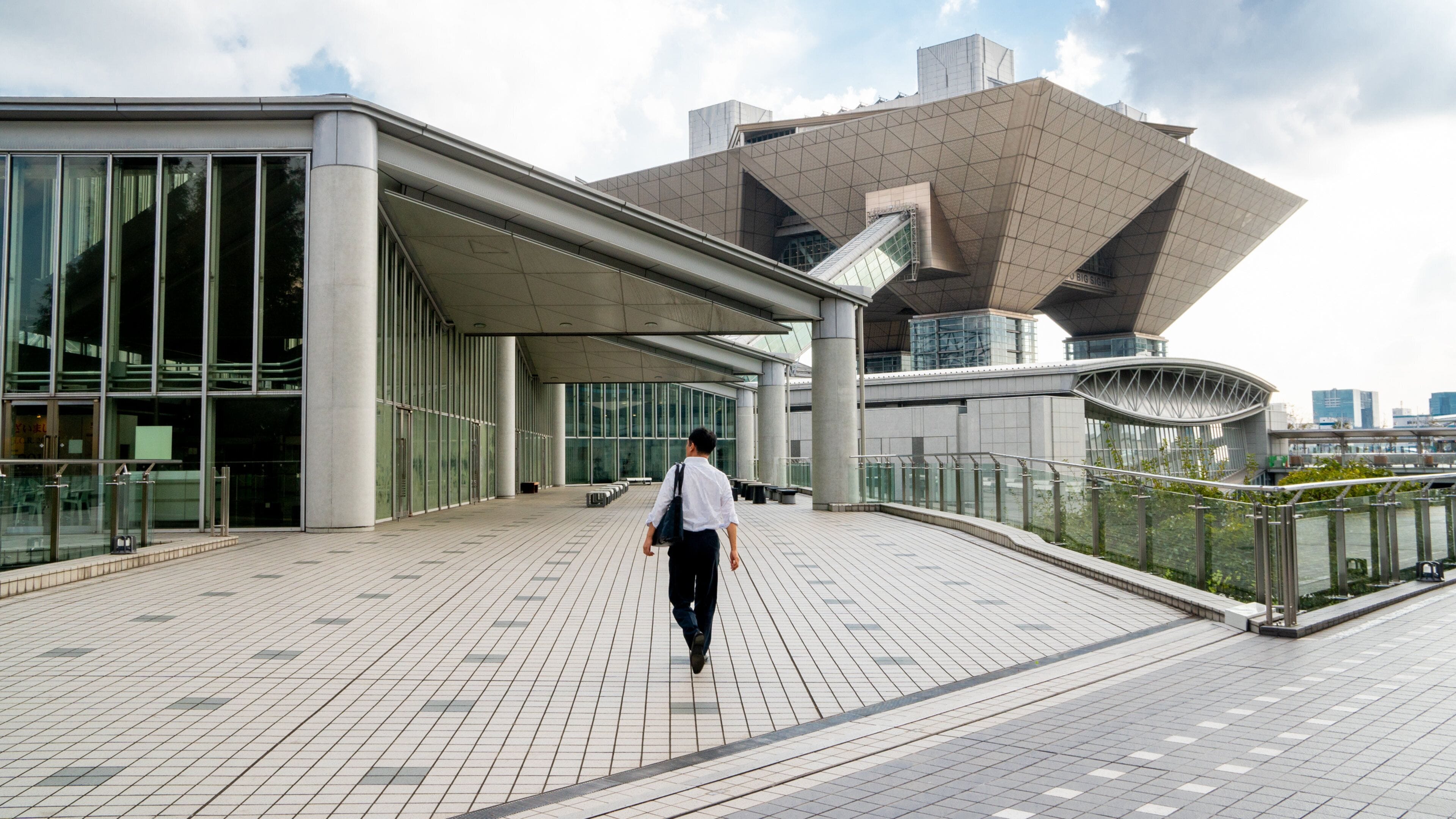 Tokyo Big Sight showing street scenes and modern architecture as well as an individual male