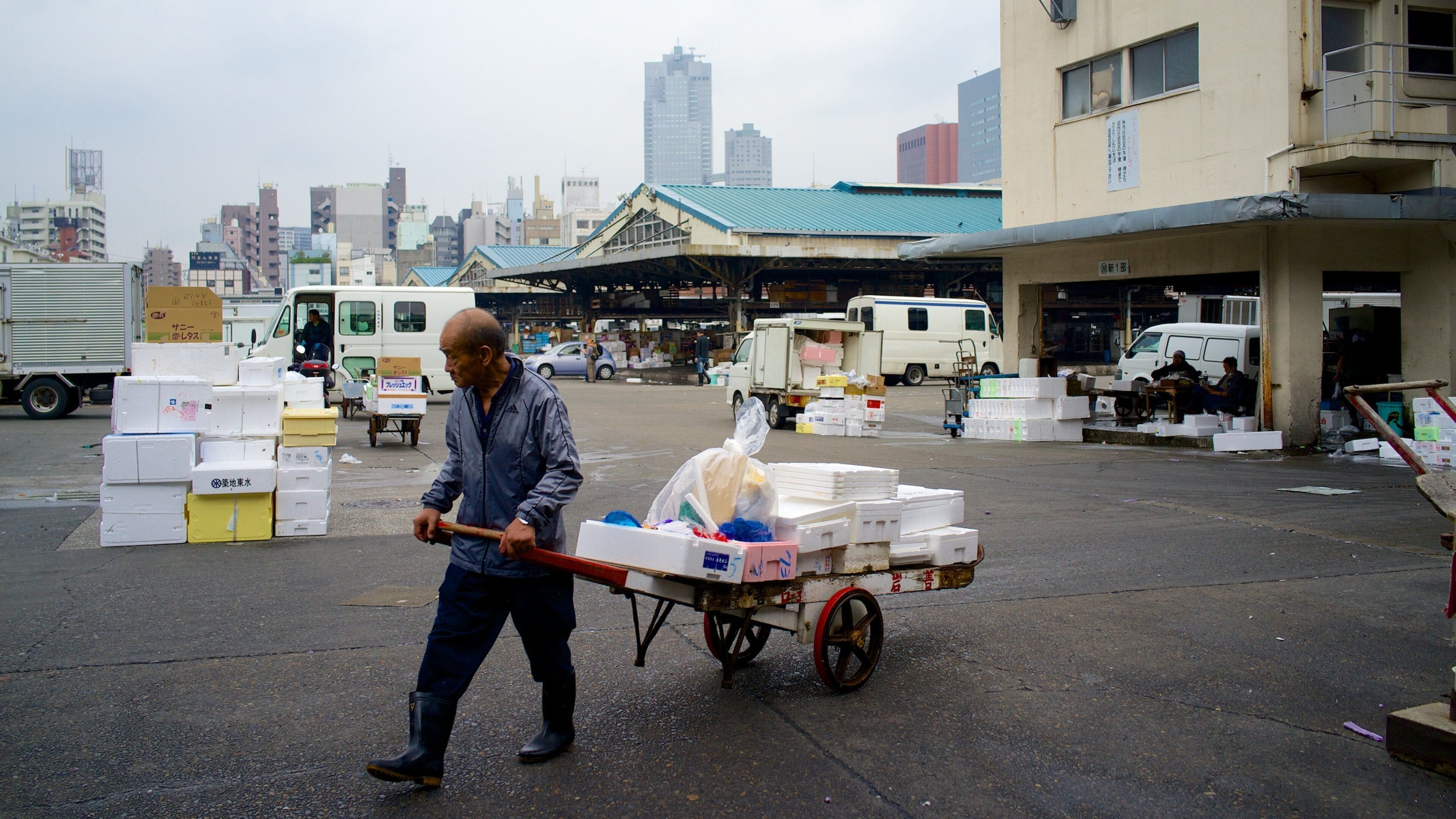 Marché aux poissons de Tsukiji qui includes scènes de rue, ville et marchés