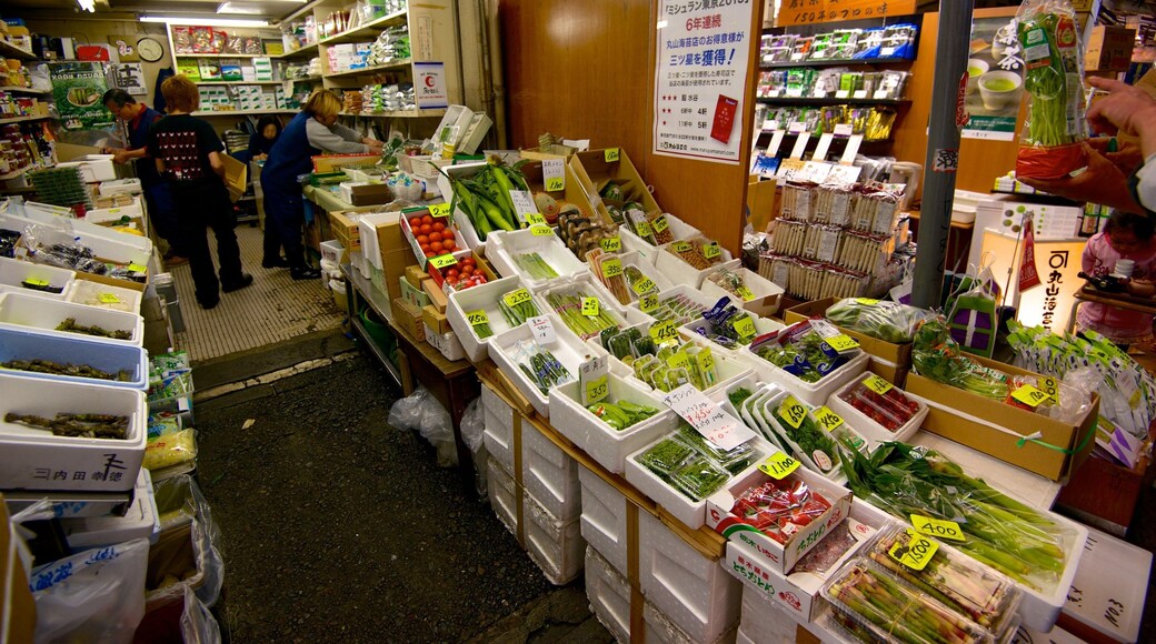 Tsukiji Fish Market showing interior views, markets and food