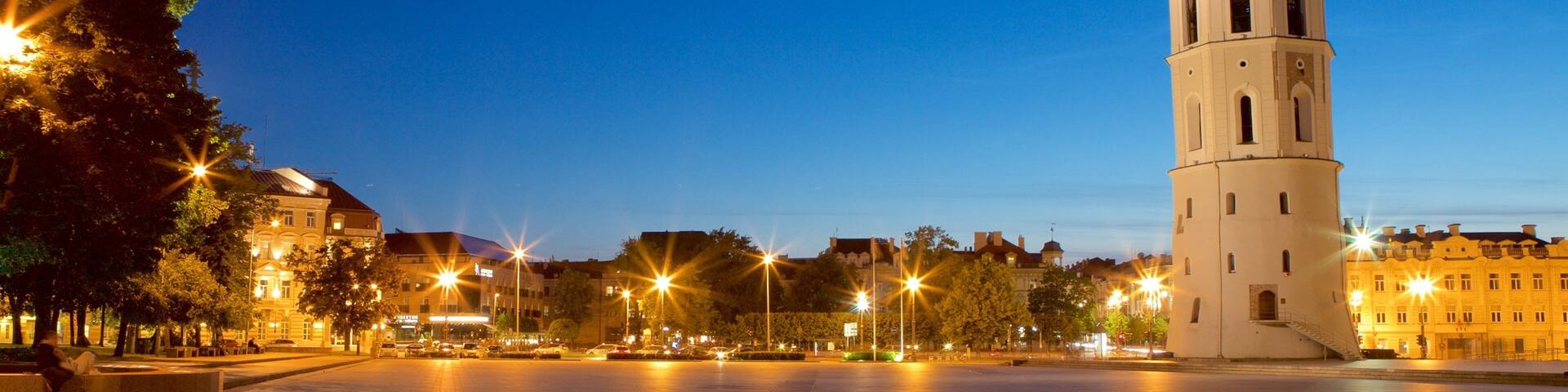 Cathedral Square which includes night scenes and a square or plaza