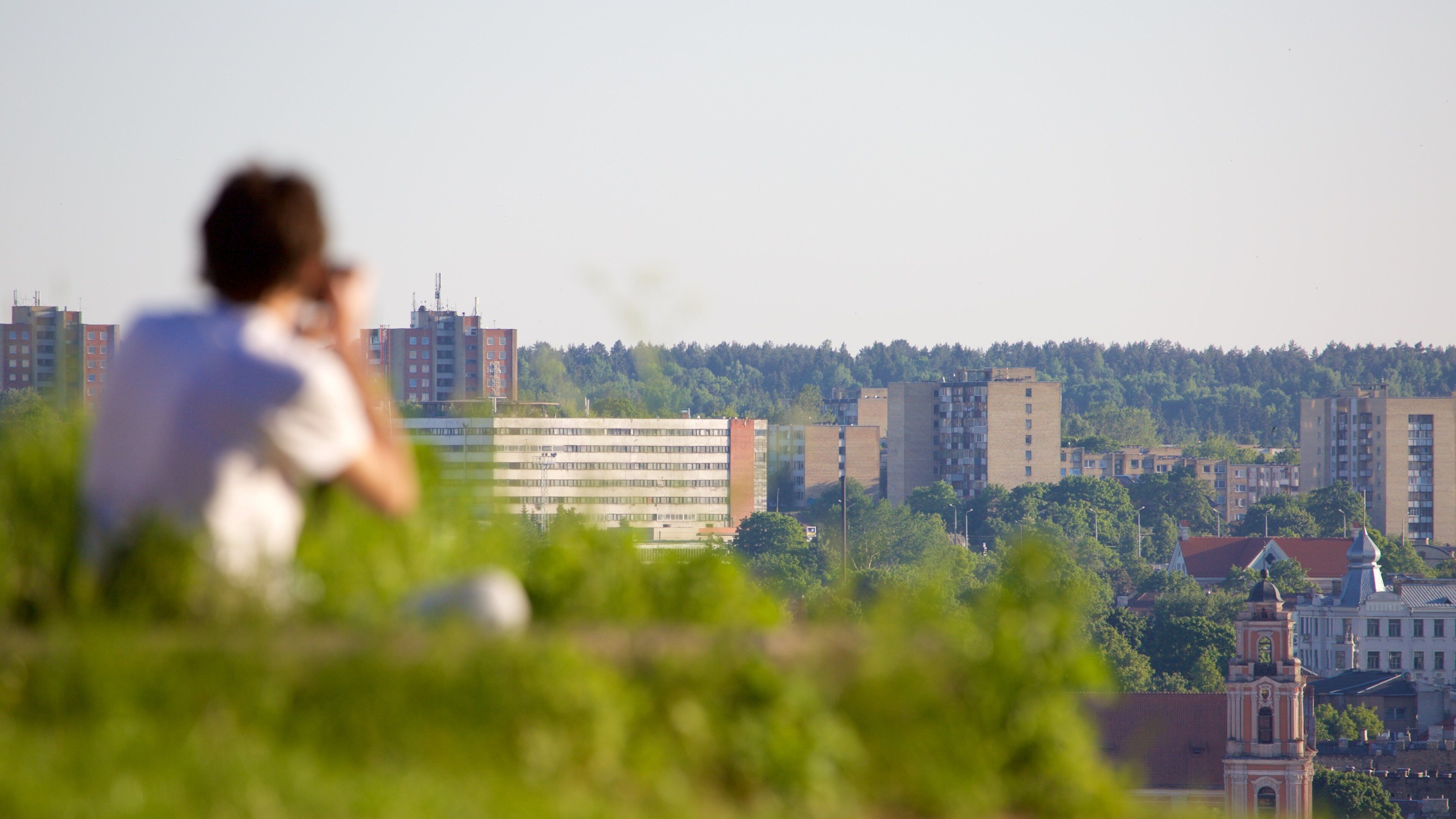 Tre kors som visar utsikter och en stad
