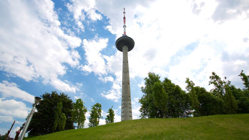 Ein Turm mit einer kugelförmigen Aussichtsplattform, umgeben von Bäumen und einem grasbewachsen Hügel.