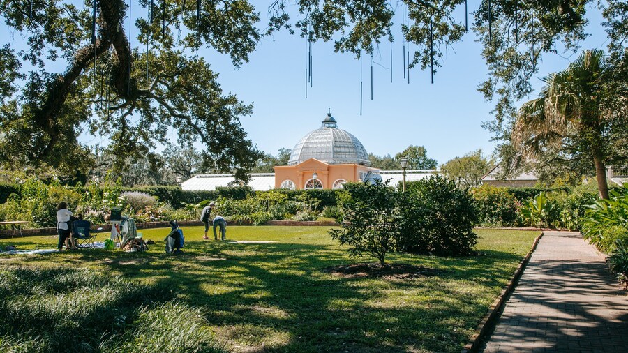 New Orleans Botanical Garden showing picnicing and a garden as well as a small group of people