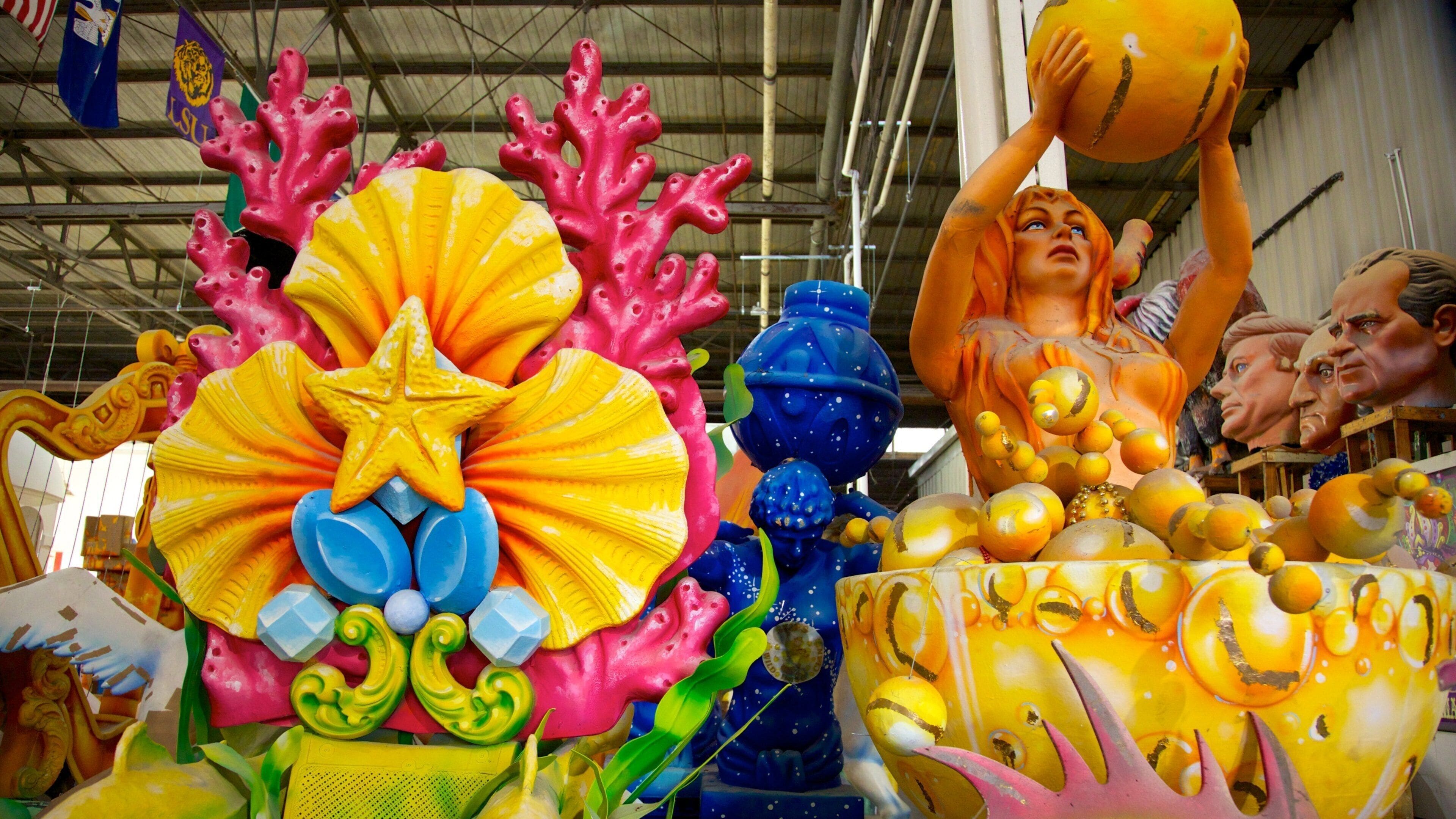 Colorful floats and sculptures displayed at Mardi Gras World in New Orleans during the vibrant carnival season