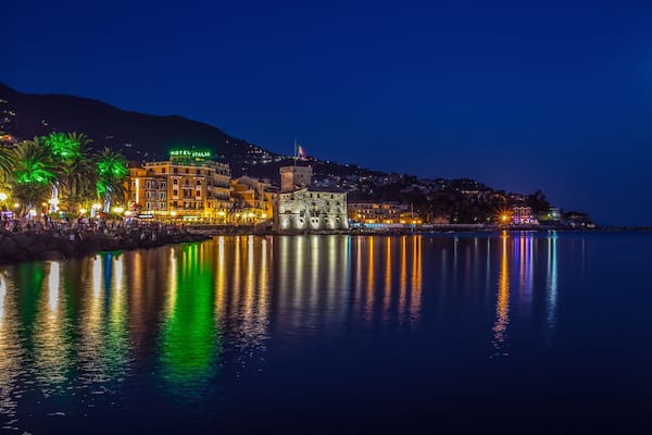 RAPALLO, ITALY JULY, 1, 2015 - View of Rapallo, Genoa (Genova) province and the castle on the sea by night.