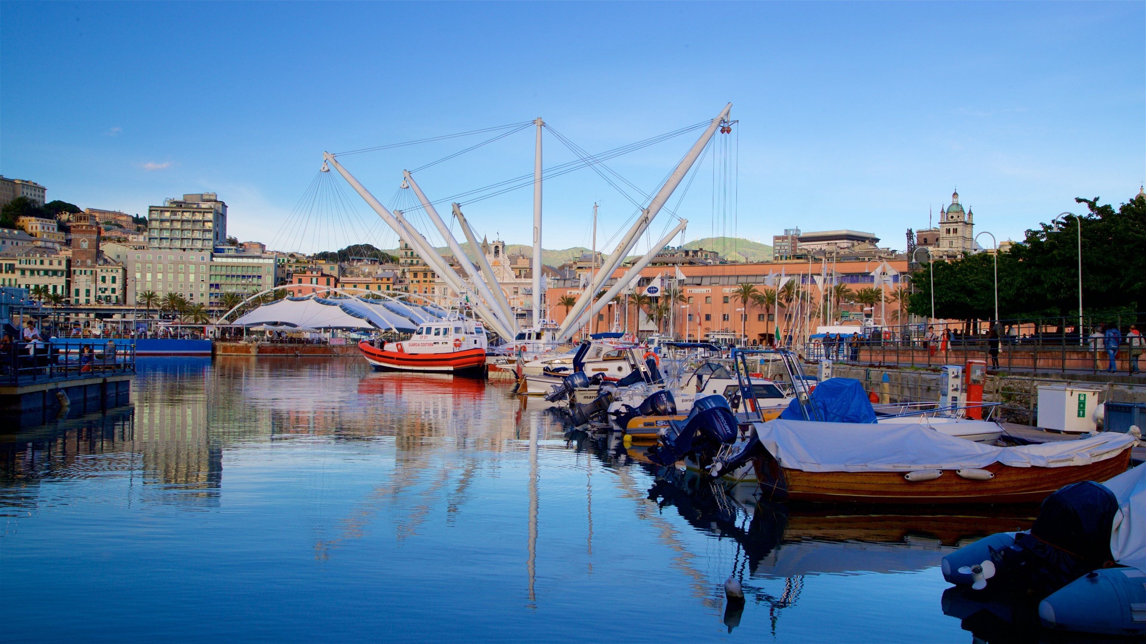 A harbor with boats, a bridge, and historic buildings.