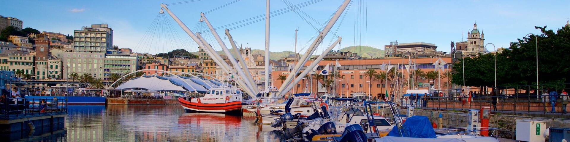 A harbor with boats, a bridge, and historic buildings.