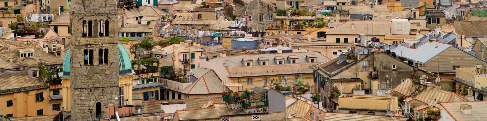 A densely packed urban area with historic architecture, including a prominent church tower and a large dome structure.