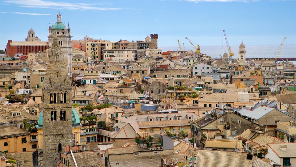 A densely packed urban area with historic architecture, including a prominent church tower and a large dome structure.