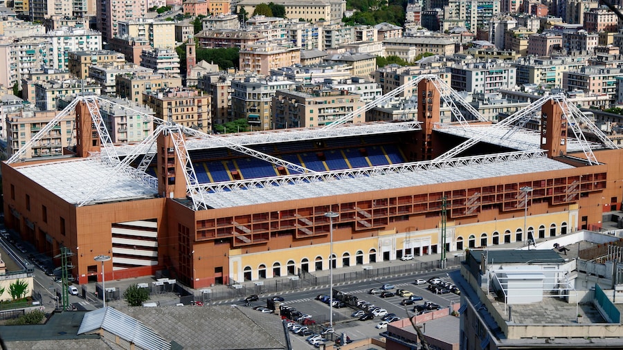 KXJX3M Municipal Stadium Luigi Ferraris, Genoa, Italy, the oldest stadium in Italy still in use, viewed from the Mura di San Bartolomeo