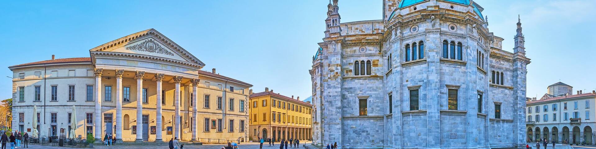 Panorama of Giuseppe Verdi Square with Teatro Sociale and Como Cathedral, Italy