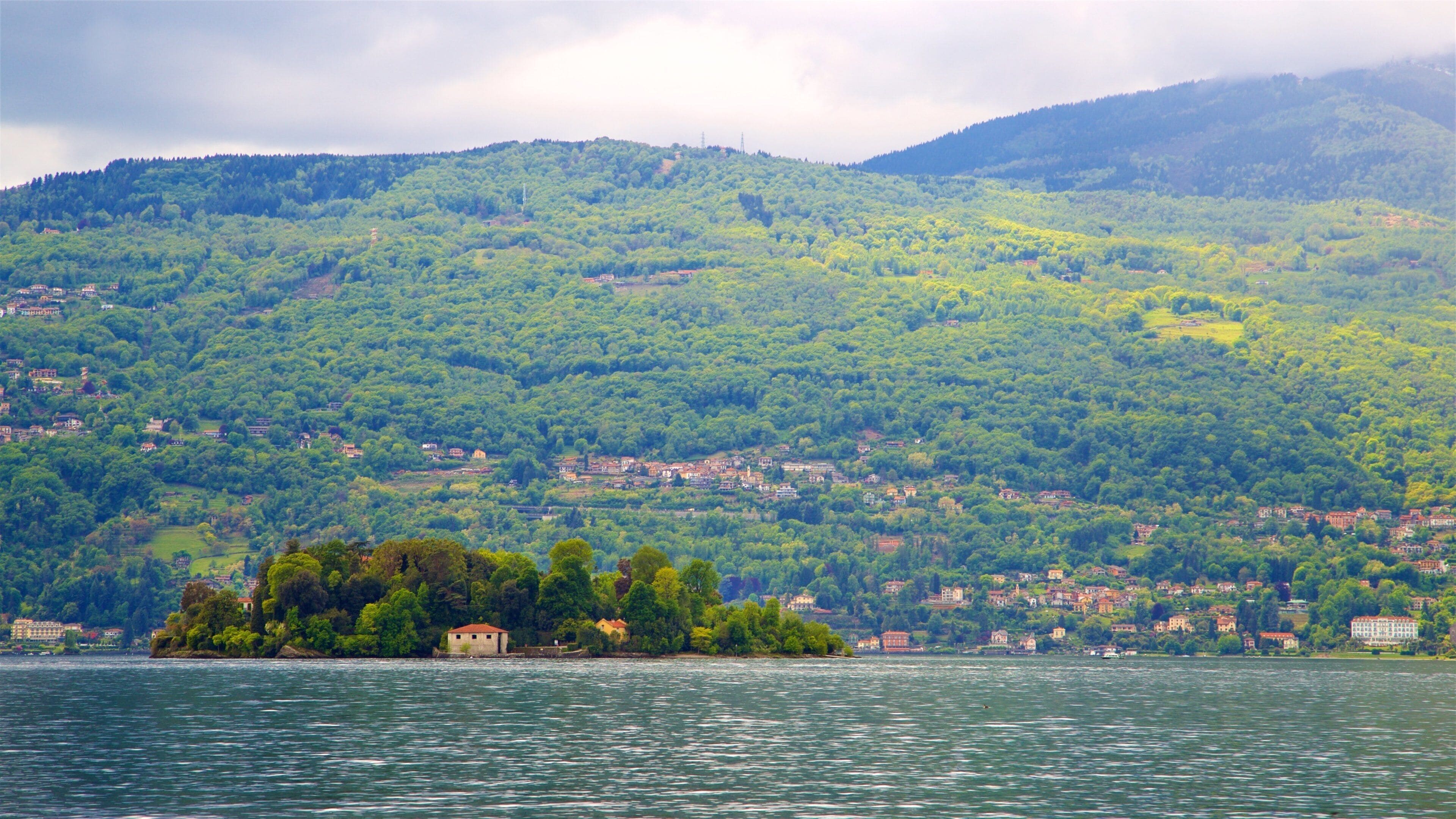 A lake with a small island covered in trees and houses.