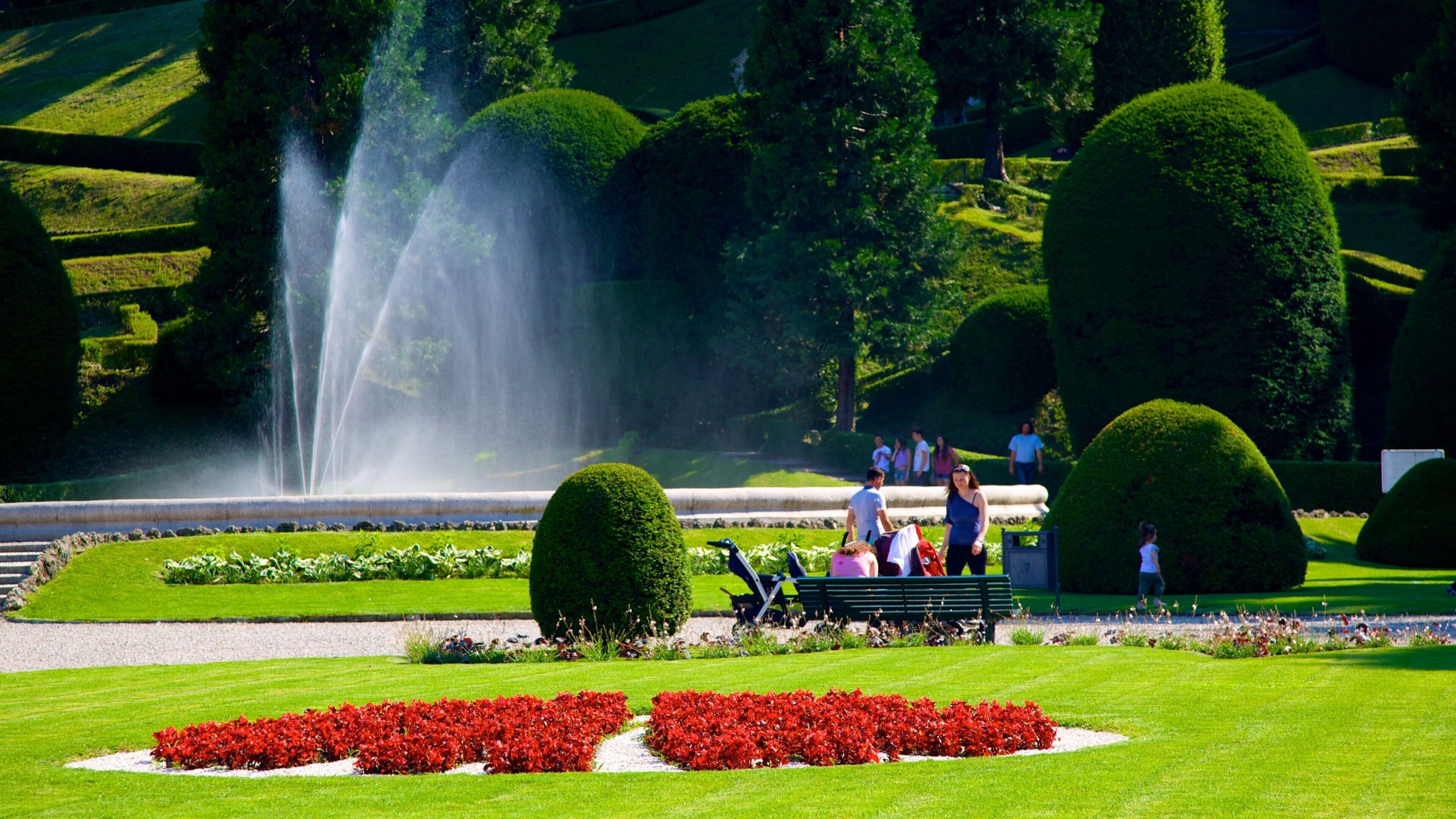 Estense Palace featuring flowers, a fountain and a park