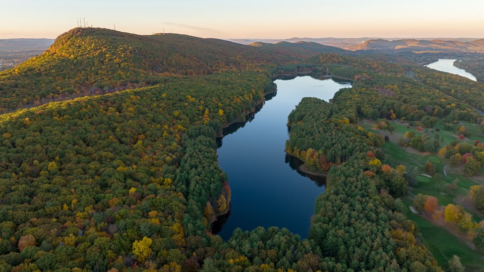 A river winding through a forested valley with hills in the background.