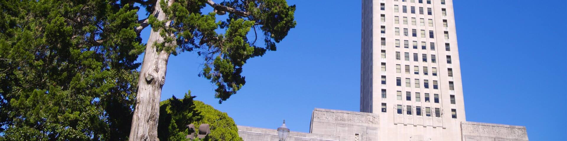 Louisiana State Capitol showing heritage architecture and an administrative buidling