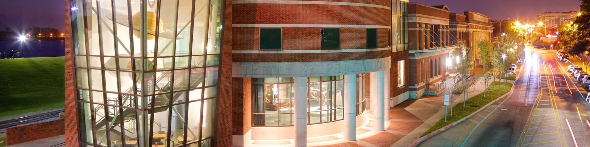 Louisiana Art and Science Museum showing night scenes and modern architecture