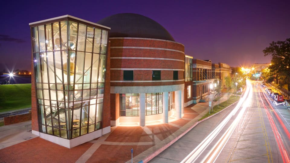 Louisiana Art and Science Museum showing modern architecture and night scenes