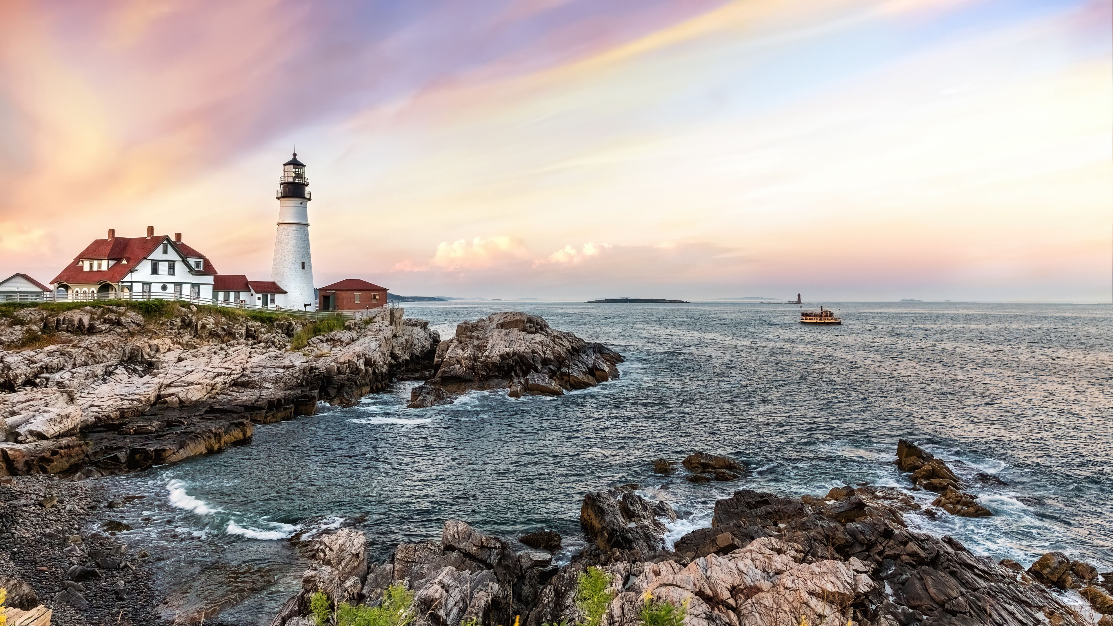 Panoramic view of the Portland Head Lighthouse at sunset. Cape Elizabeth, Maine, USA.