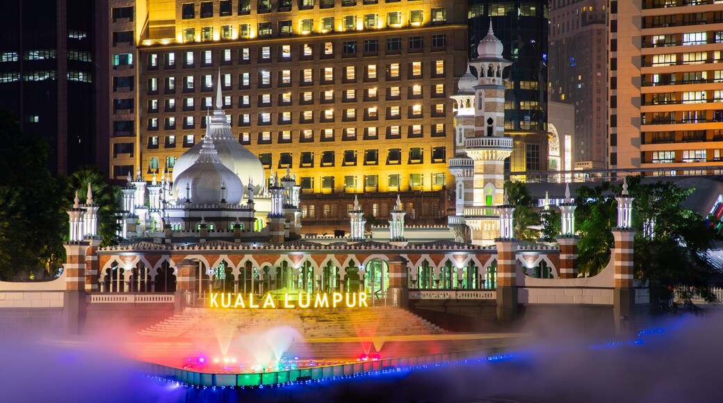 Jamek Mosque showing signage, a fountain and a city