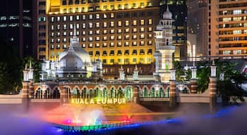 Jamek Mosque showing signage, a fountain and a city