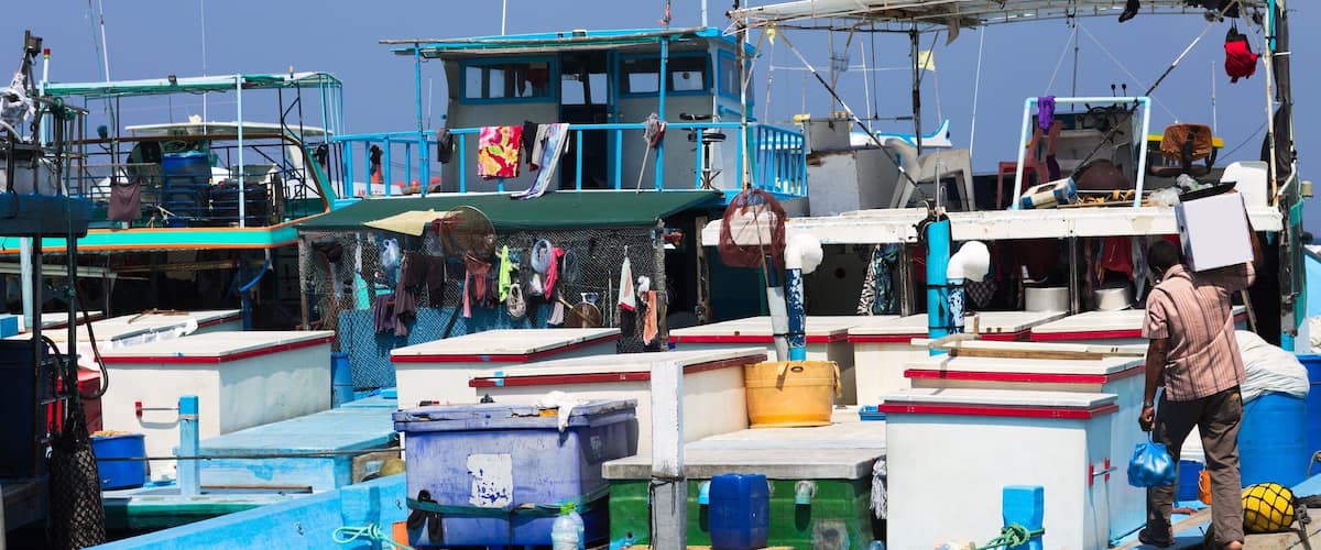 Maldivian flag over the harbor in Male fish market (Maldives, Asia)