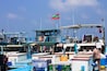 Maldivian flag over the harbor in Male fish market (Maldives, Asia)