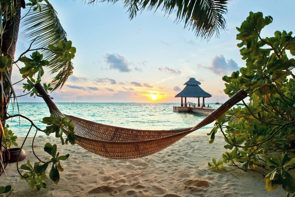 A hammock on a sandy beach with a thatched-roof structure in the background and palm trees framing the scene.