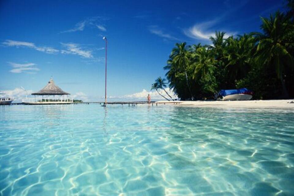 A clear blue sea, a thatched-roof hut, palm trees, and a boat on a sandy beach.