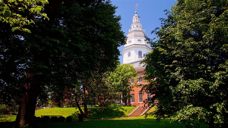 A white church with a dome and steeple, surrounded by trees and a grassy lawn.