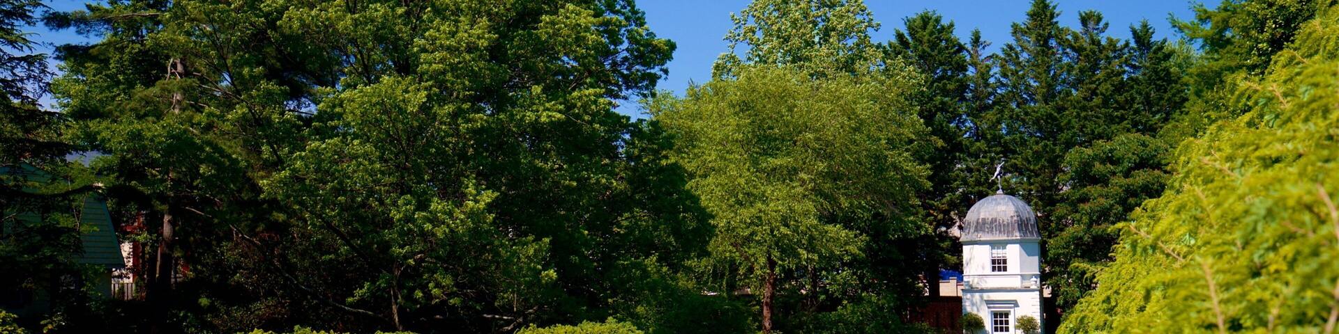 A well-manicured garden with a white gazebo, lush green trees, and a clear blue sky.