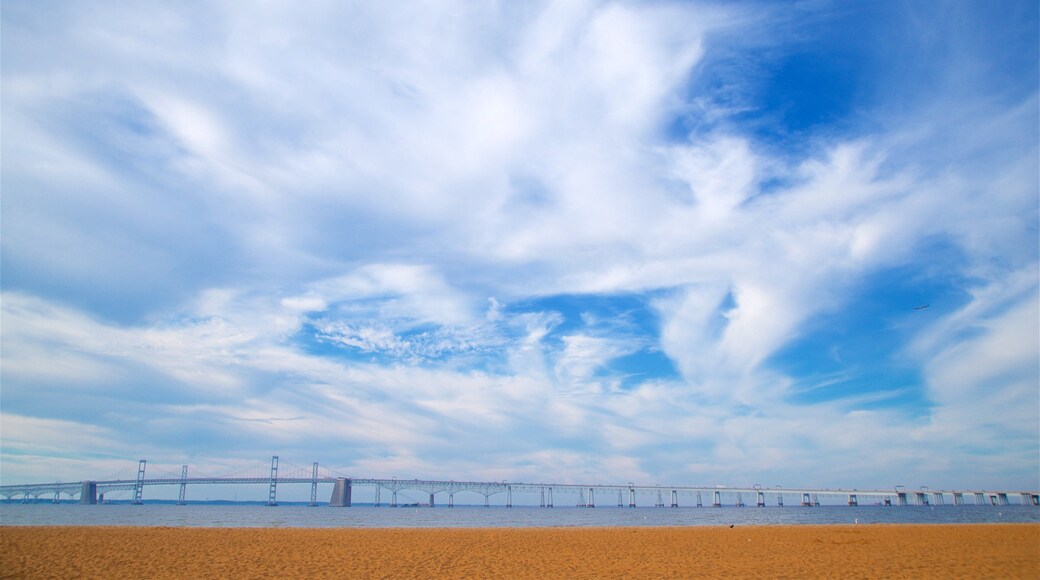 Chesapeake Bay Bridge which includes a bridge, landscape views and a sandy beach
