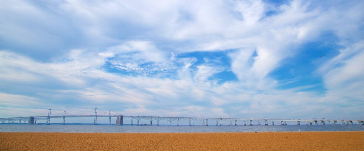 Chesapeake Bay Bridge which includes a bridge, landscape views and a sandy beach