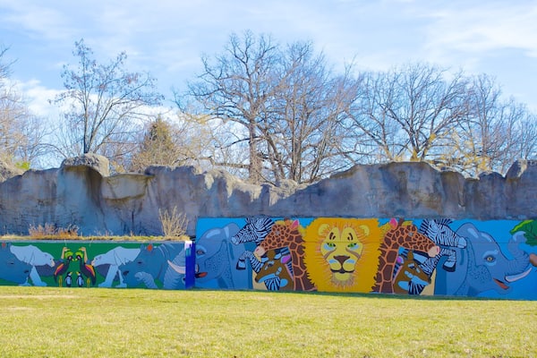Mural depicting wildlife at Maryland Zoo in Baltimore with vibrant colors and nature elements