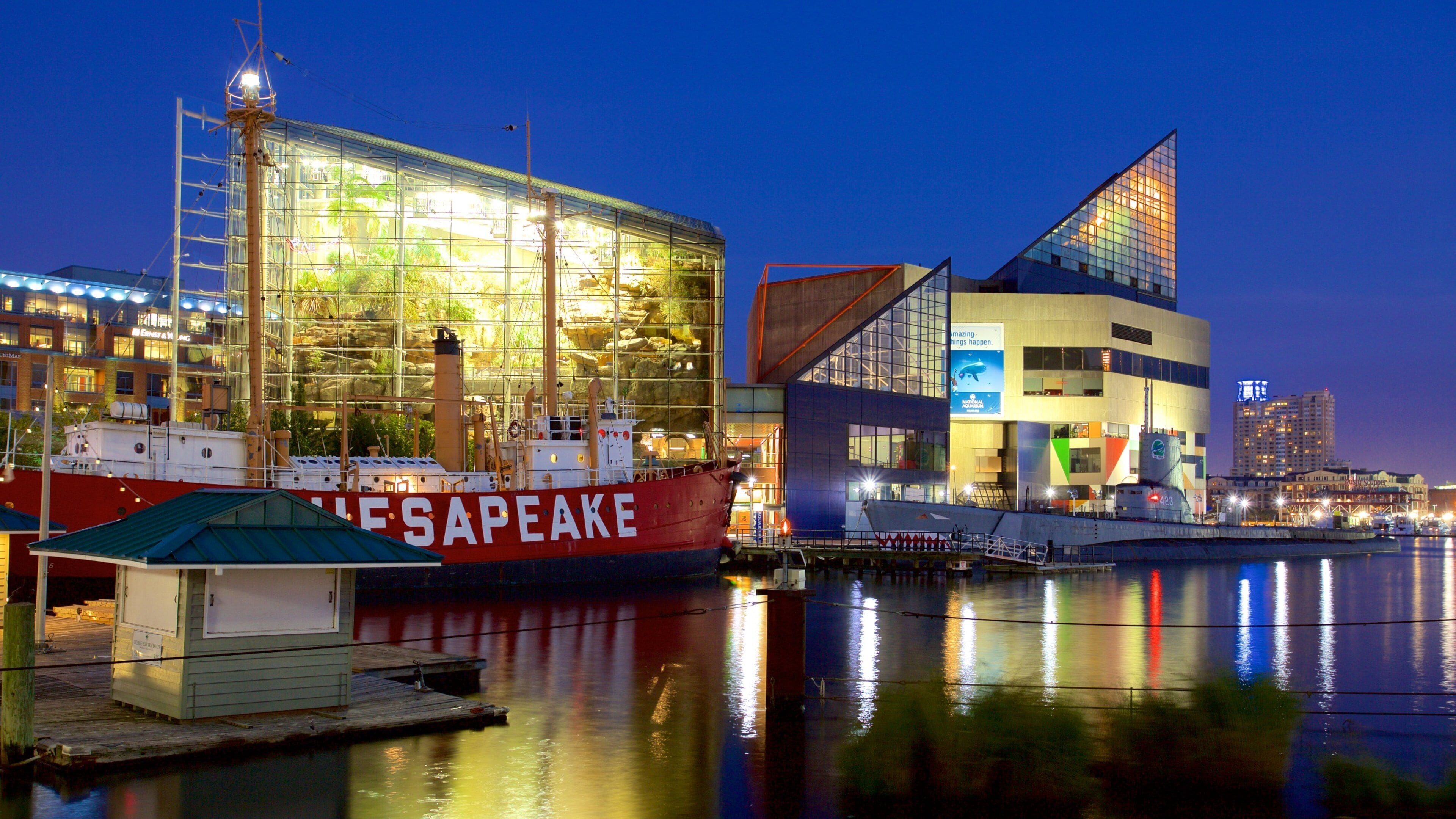 National Aquarium in Baltimore featuring modern architecture and night scenes