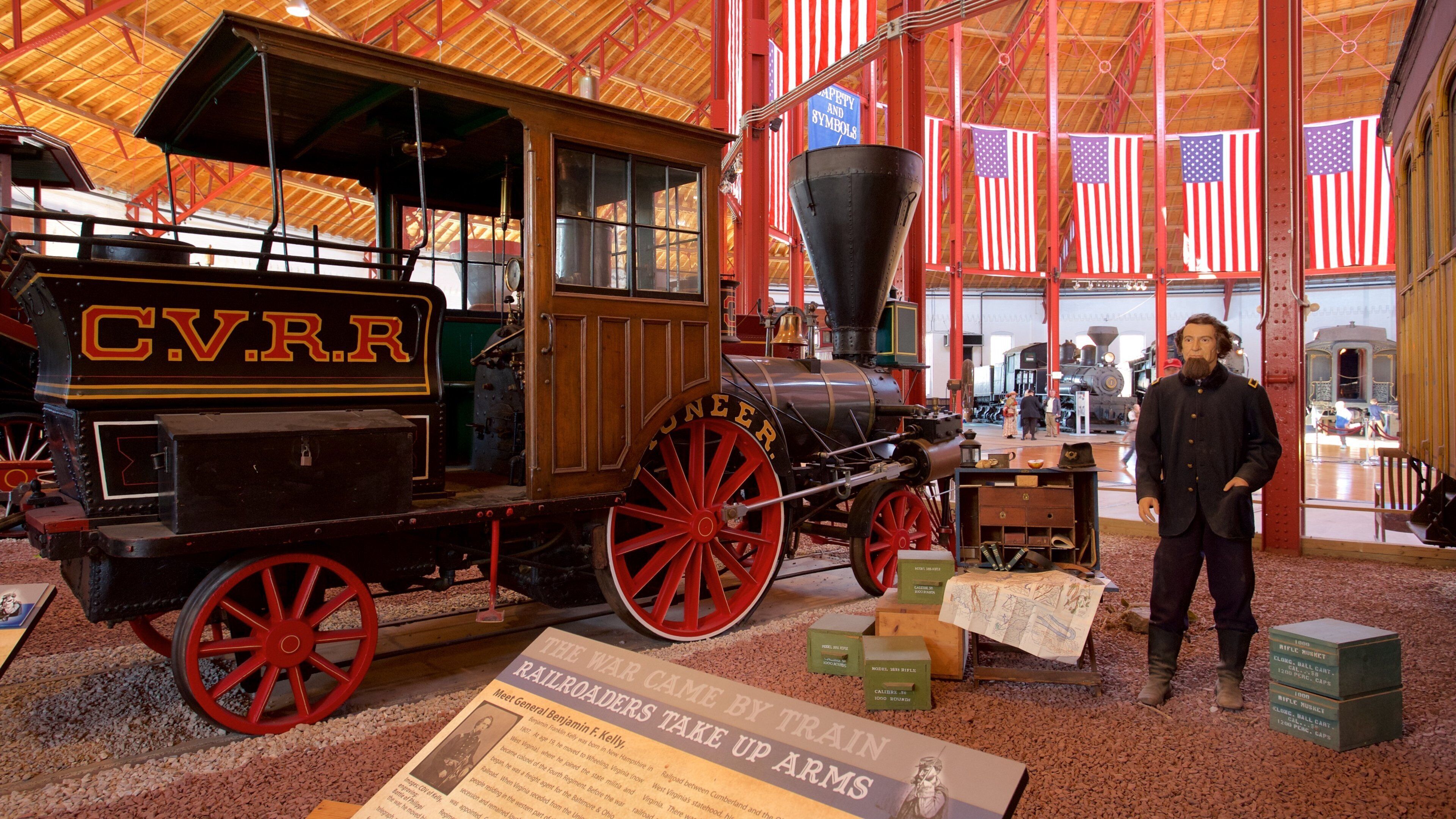 Bảo tàng Đường sắt B&O có tính năng cảnh nội thất, biển hiệu và di sản