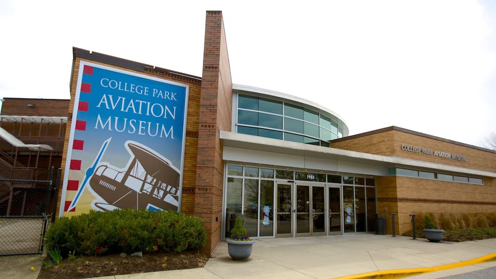 The College Park Aviation Museum building with a large entrance and a prominent sign.