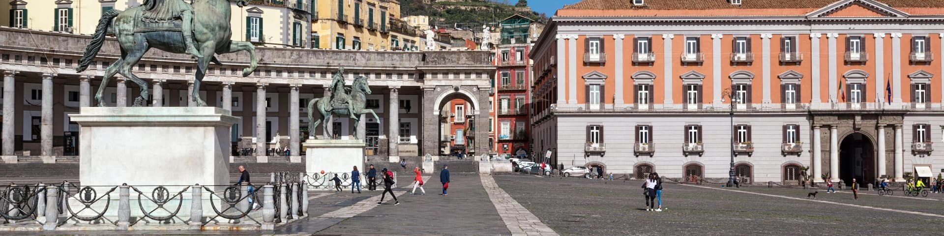 M8NETA Naples (Italy) - Piazza Plebiscito, the main square in the historic centre of Naples. Two equestrian statues stand in front of the church of San Franc